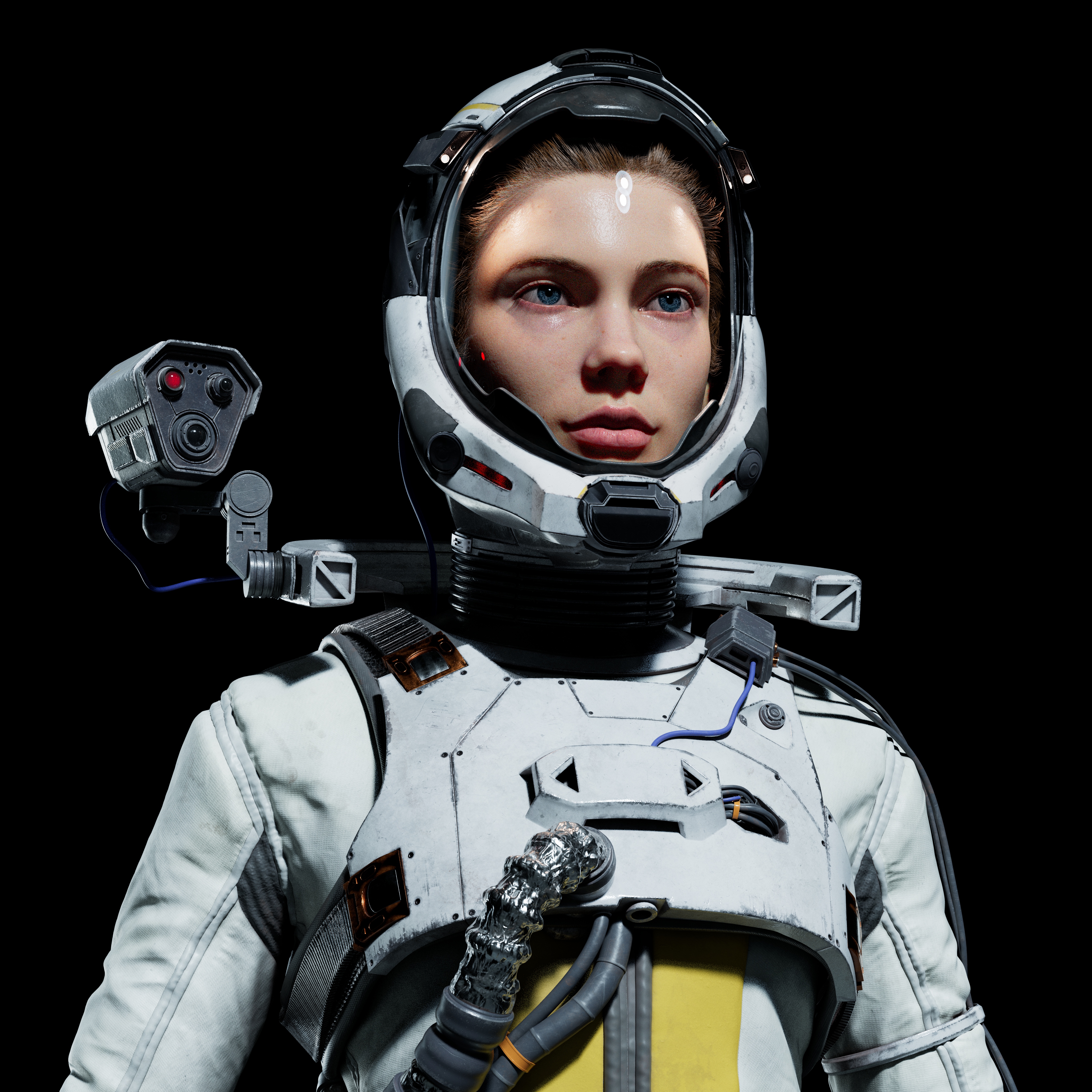 女宇航员半身特写，透明面罩下的写实面部细节，黑色背景