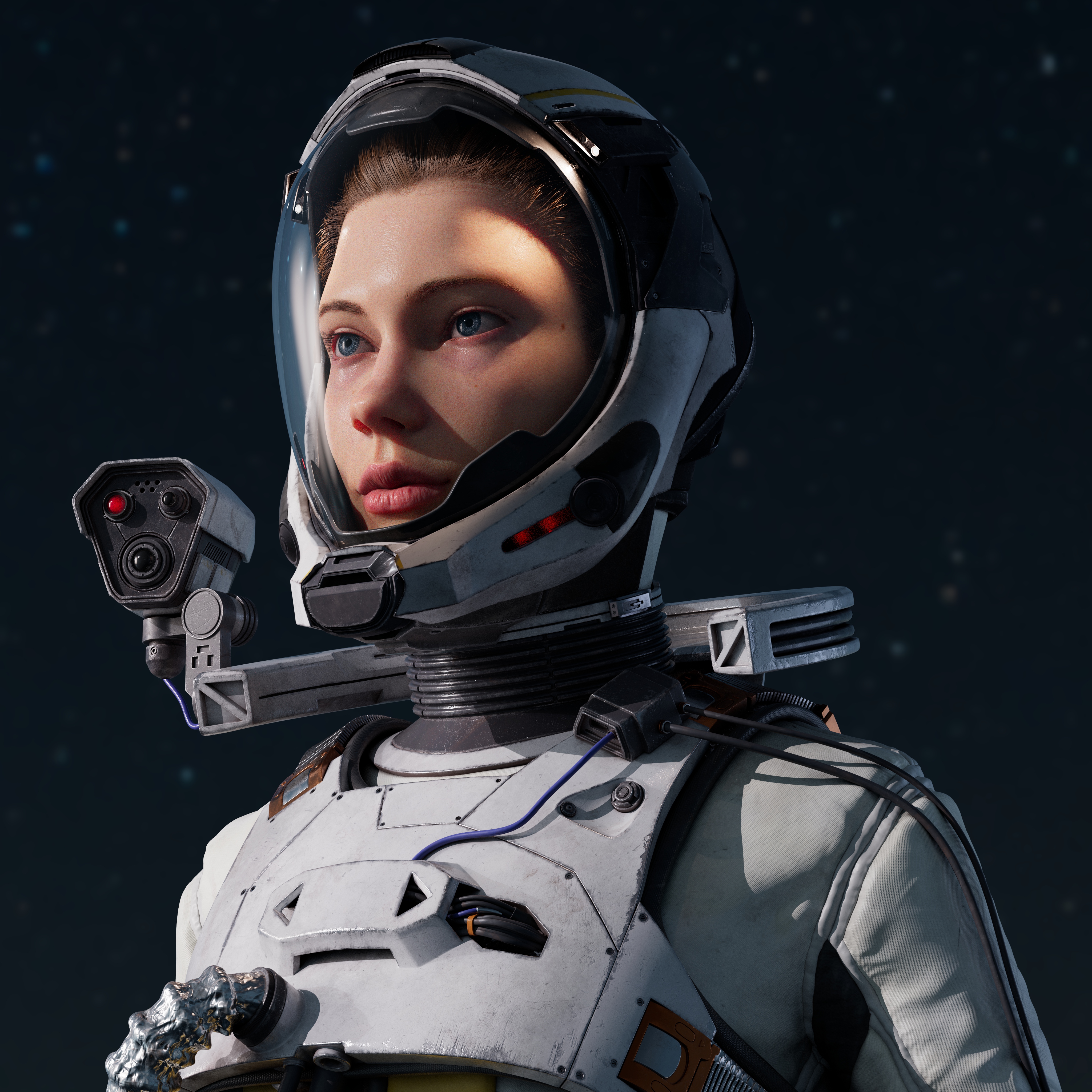女宇航员四分之三侧面半身像，星空深空背景，肩部摄像头细节