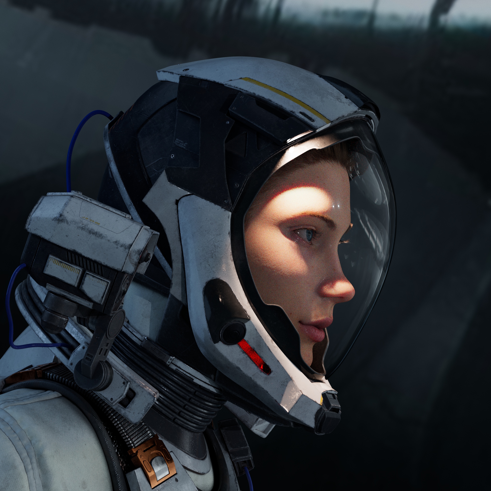 女宇航员侧面近距离特写，头盔内暖光照亮面部轮廓，暗调背景