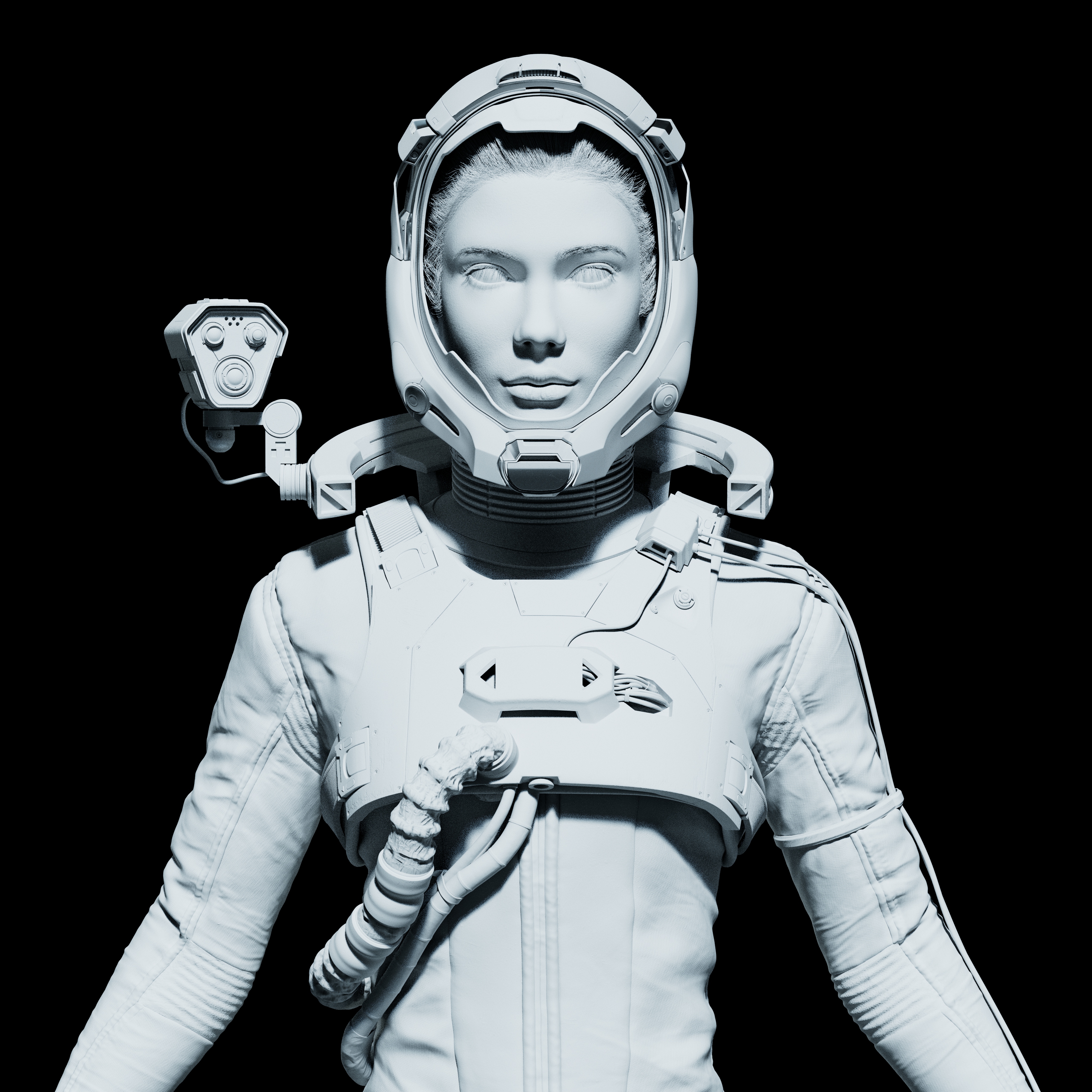 女宇航员白模Clay渲染正面，展示模型拓扑与硬表面细节