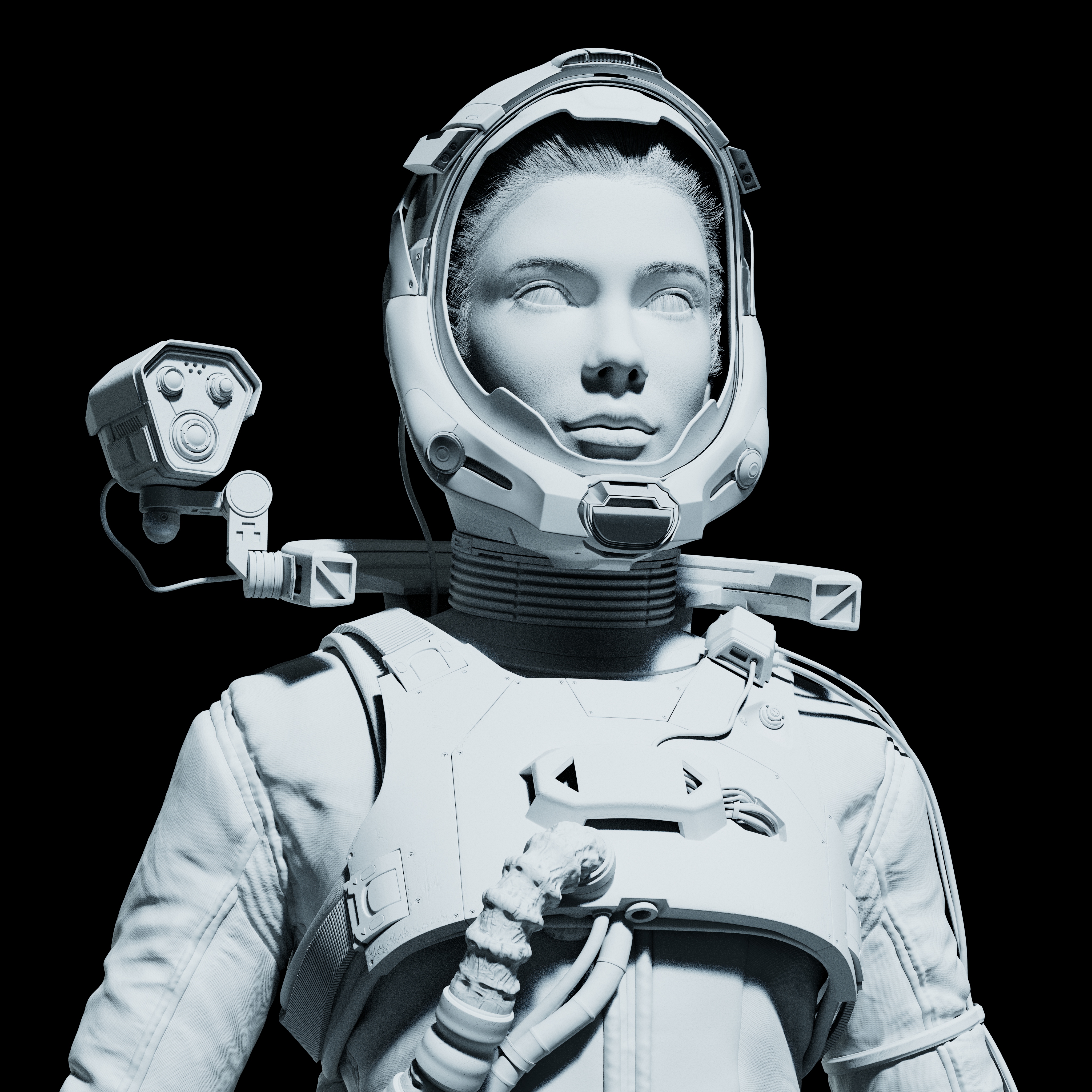 女宇航员白模Clay渲染仰视角，展示头盔与胸甲结构细节
