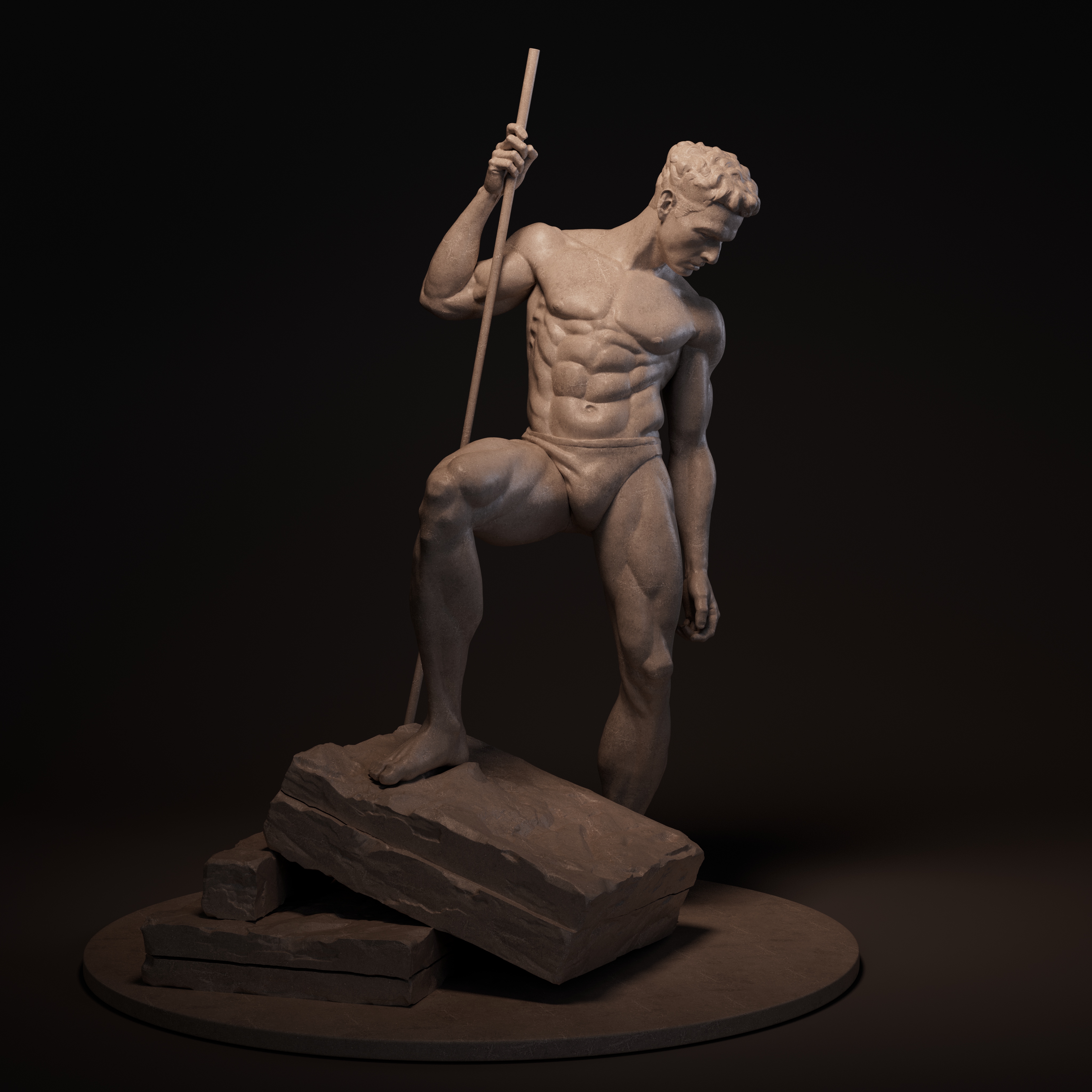 古典男性人体雕塑，手持权杖踏石而立，陶土质感渲染，暗调博物馆灯光