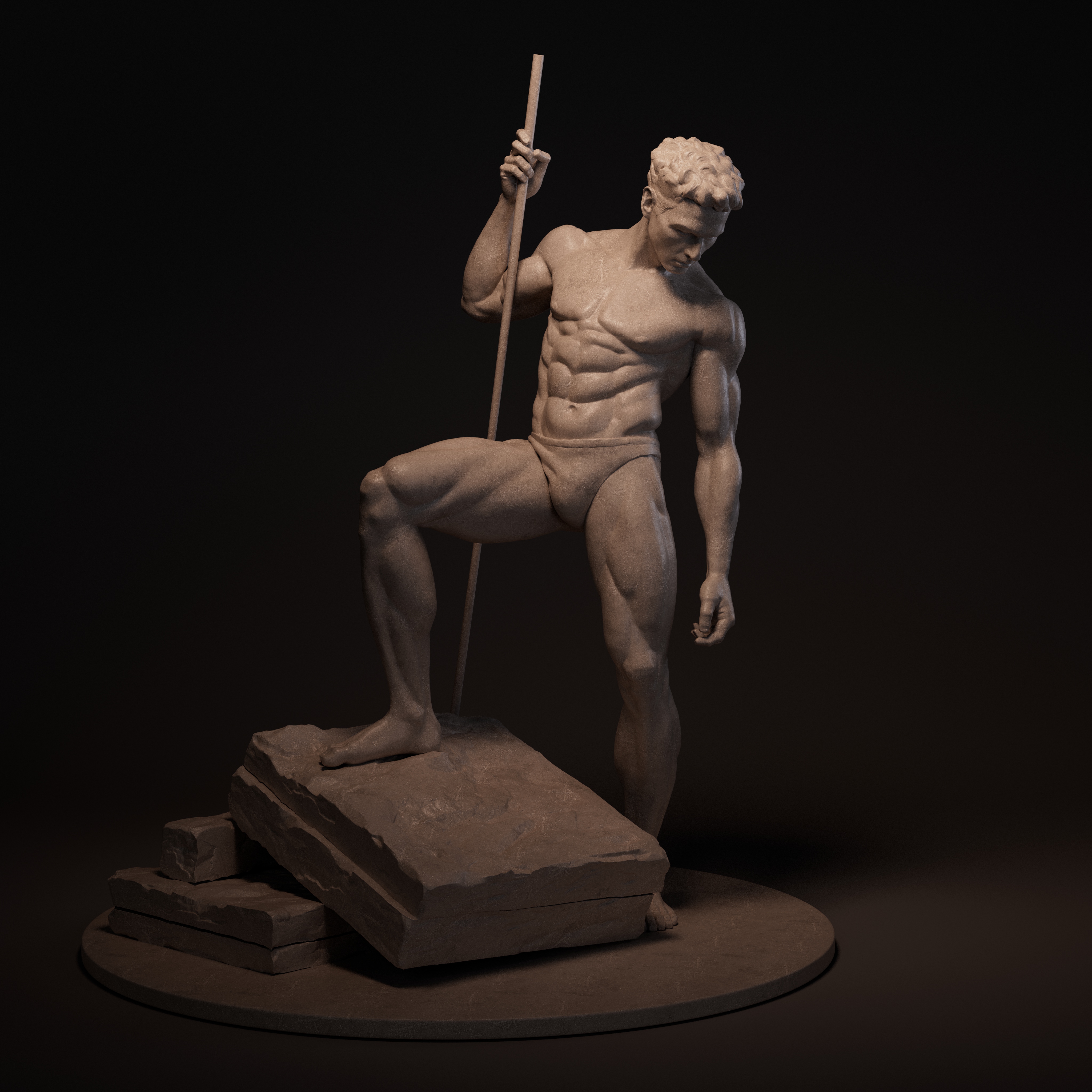 男性人体雕塑正面偏左，展示反重心站姿与肌肉张力