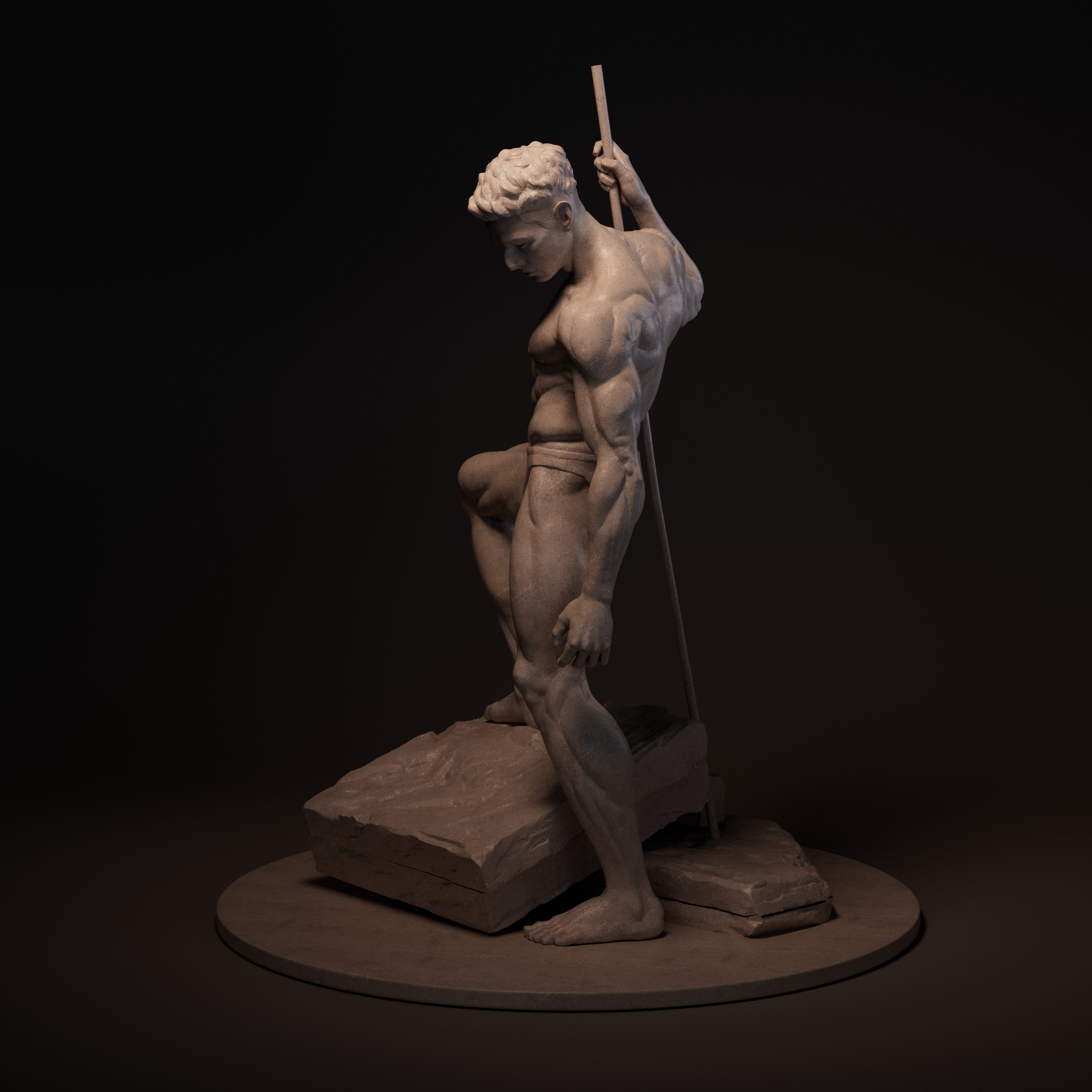 男性人体雕塑左侧面，展示背阔肌与手臂肌肉走向