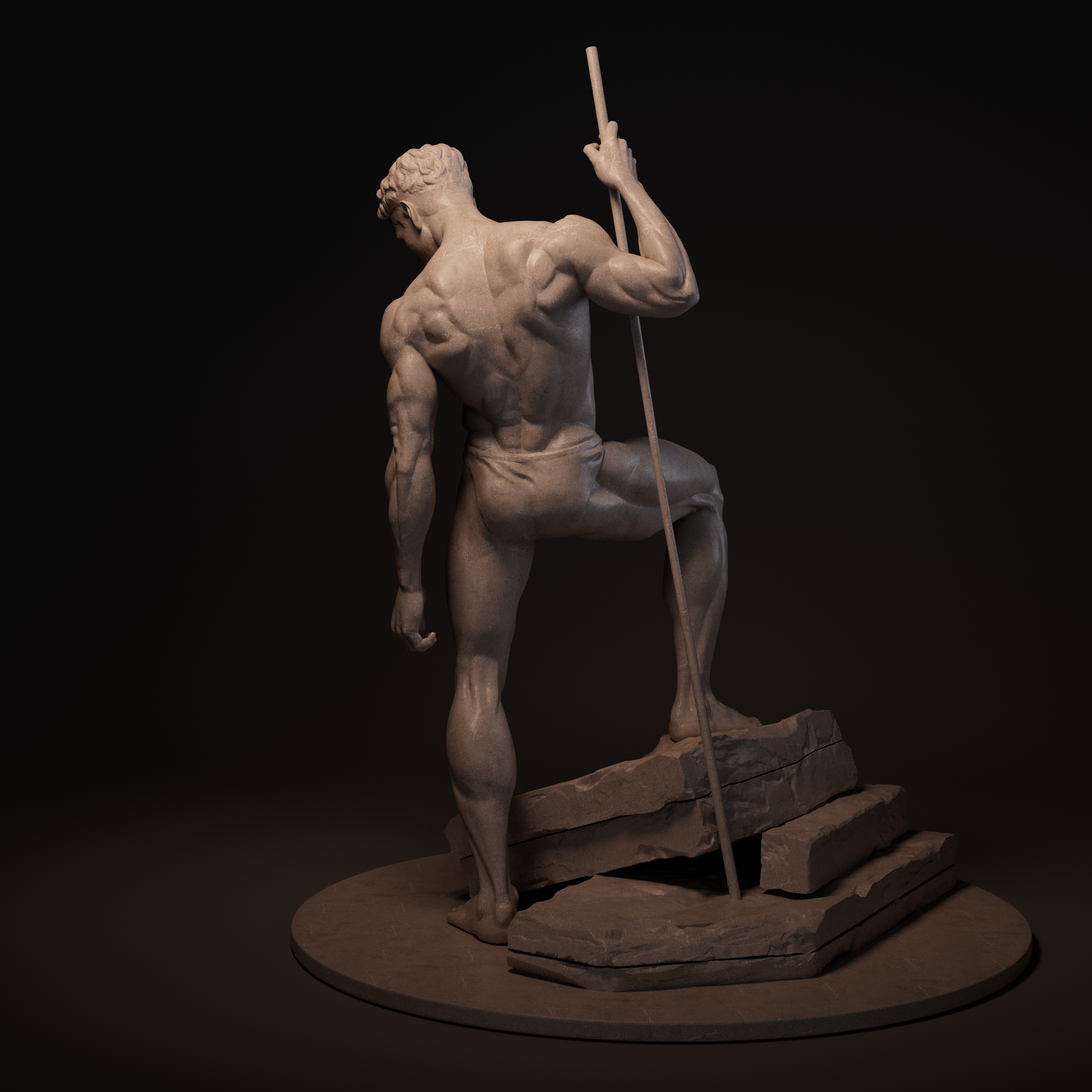 男性人体雕塑背面，展示斜方肌、背阔肌与臀部解剖