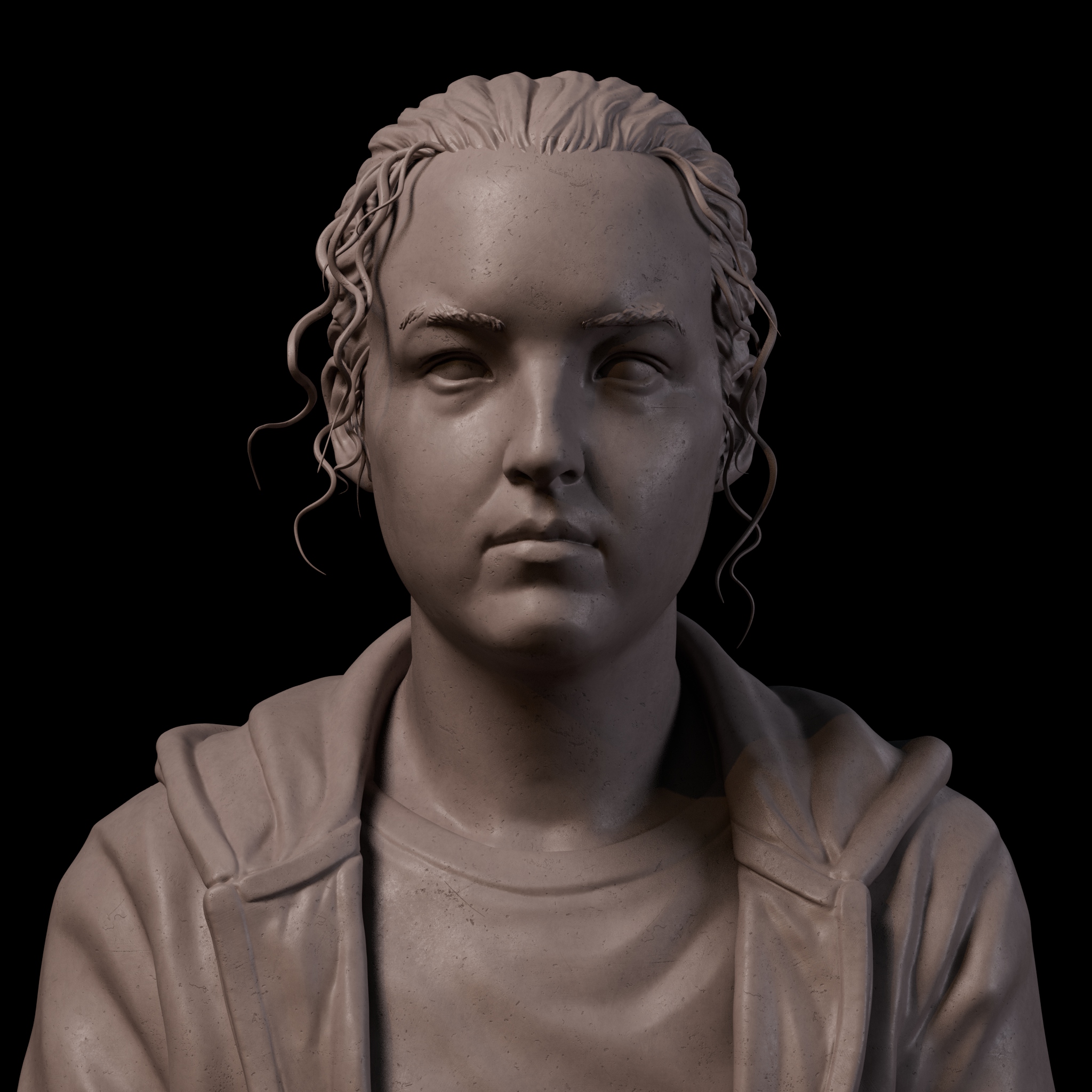 青年男性半身像雕塑正面，卷发与连帽卫衣，大理石质感渲染