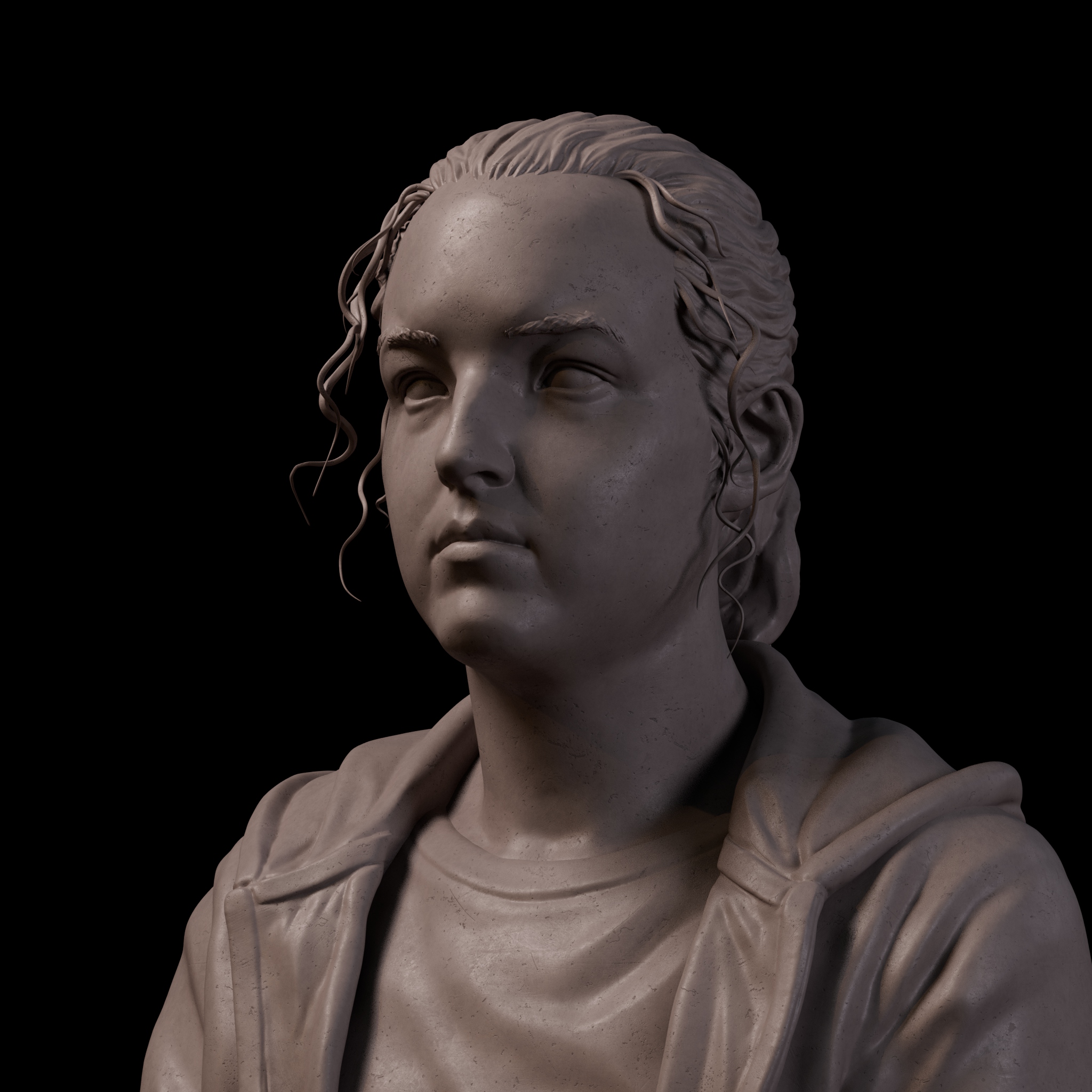 青年男性肖像四分之三侧面偏左,仰视微角度,展示下颌线与脖颈