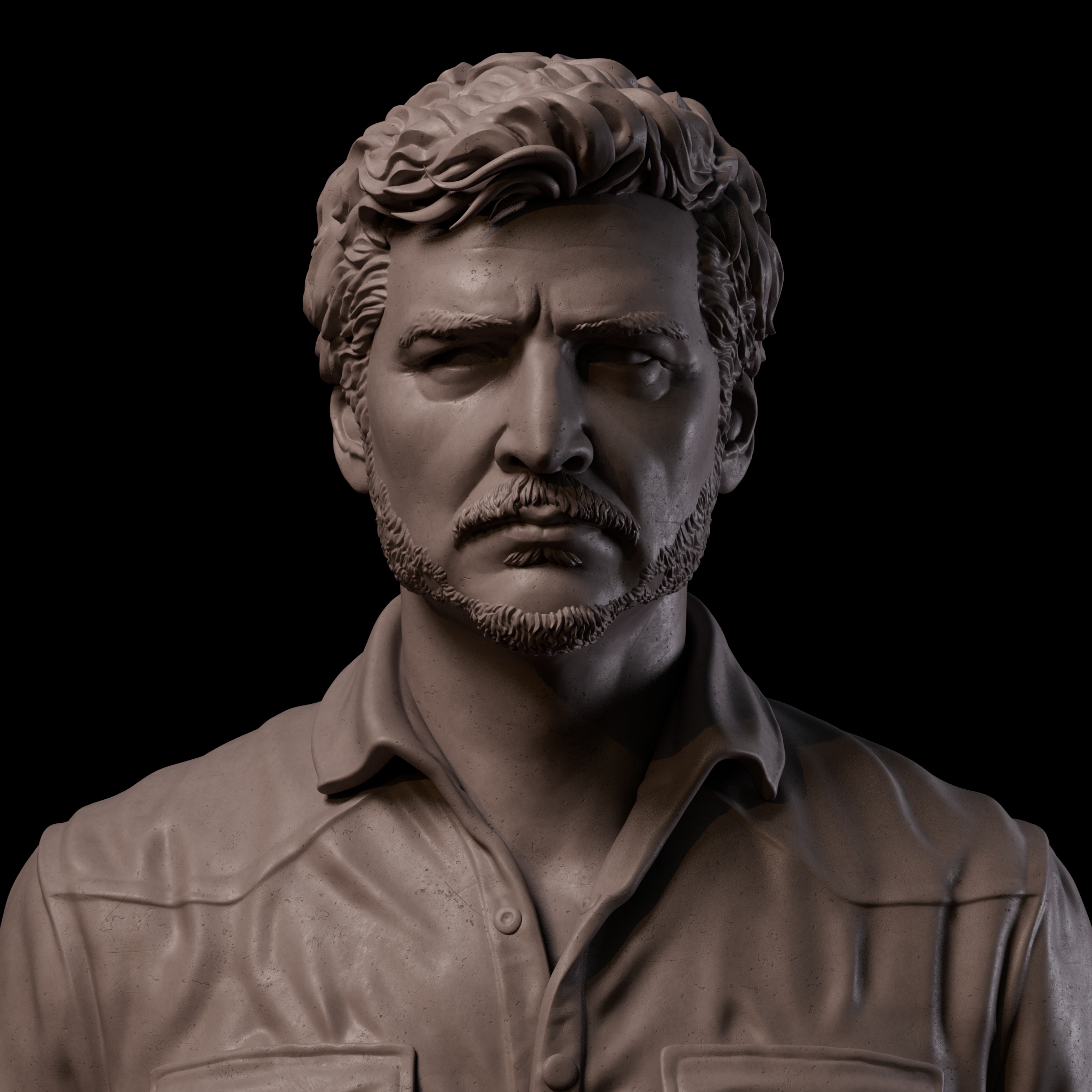 中年男性肖像正面，卷发胡须与翻领衬衫，大理石质感