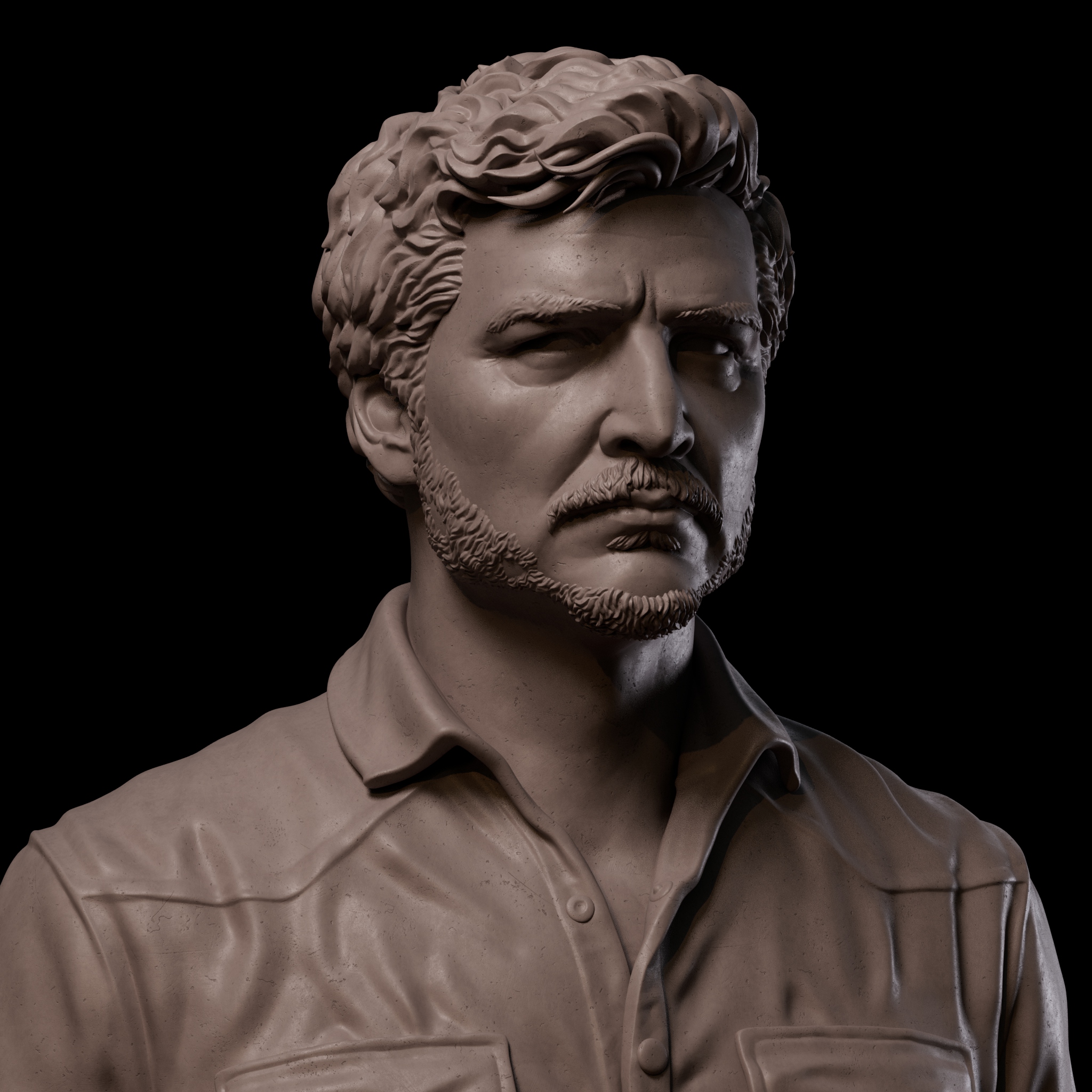 中年男性肖像四分之三侧面偏右，深邃眼窝与胡须纹理