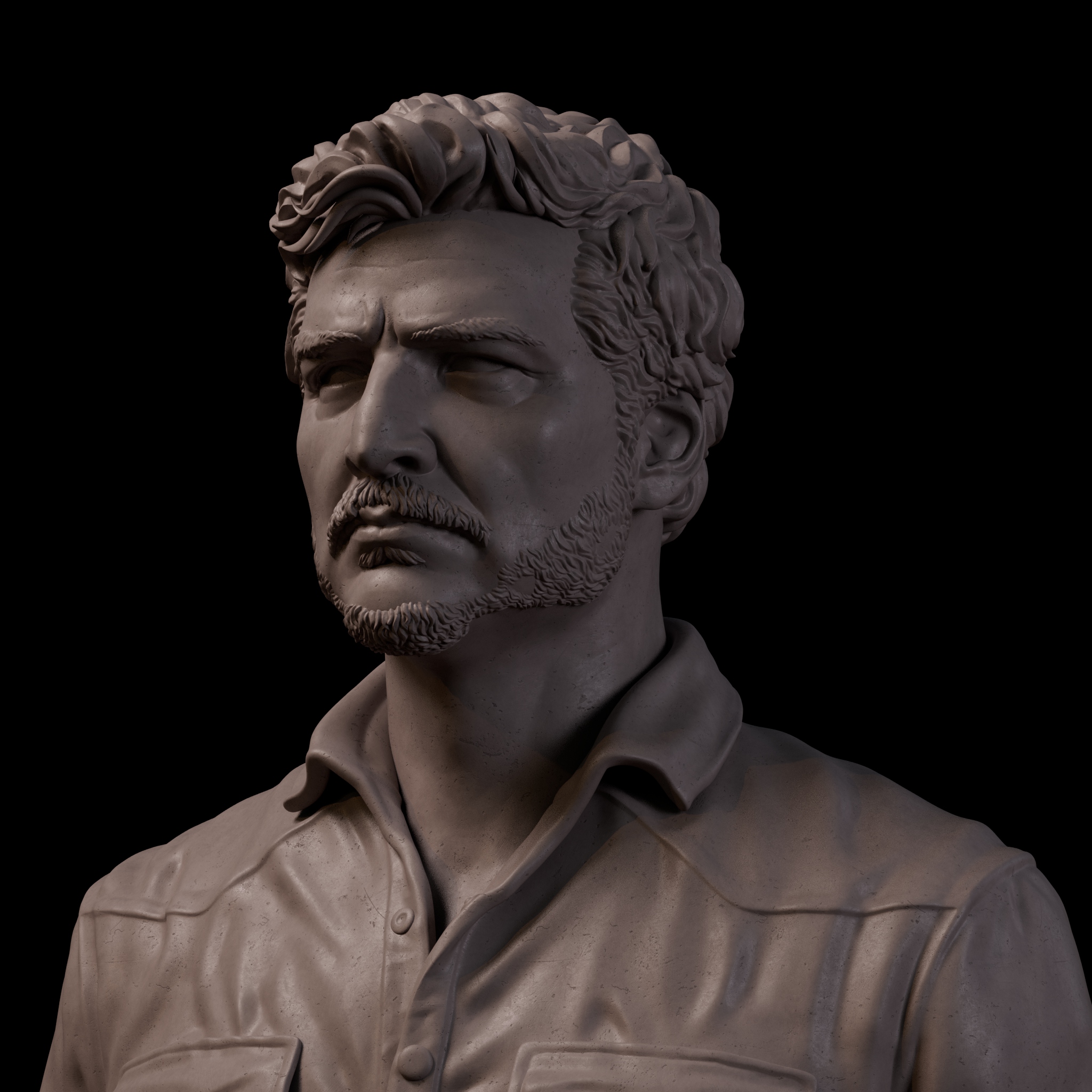 中年男性肖像背部四分之三角度,展示卷发体积与衬衫领口