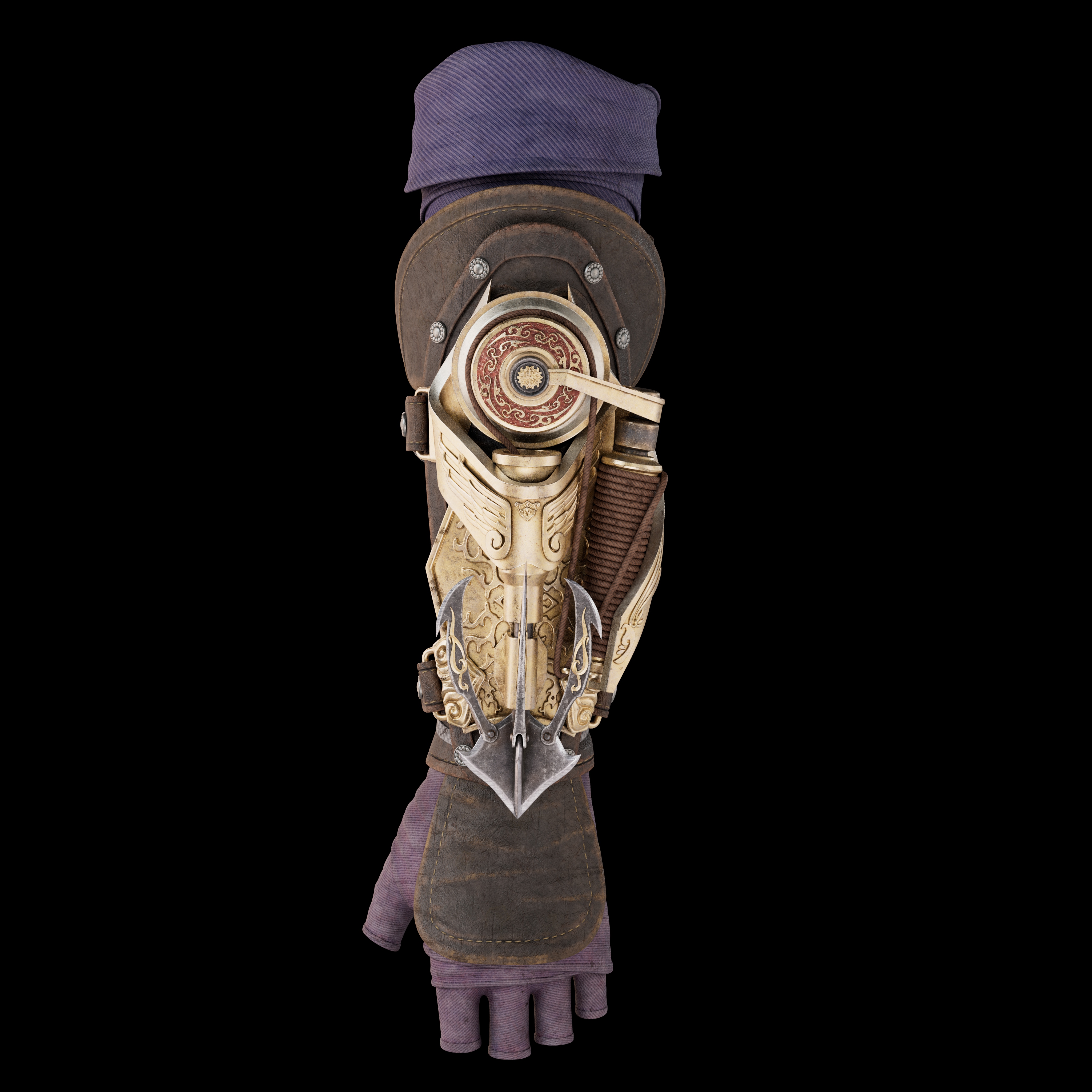 袖箭正面展示，黄铜机构居中，皮革臂甲与紫色亚麻手套