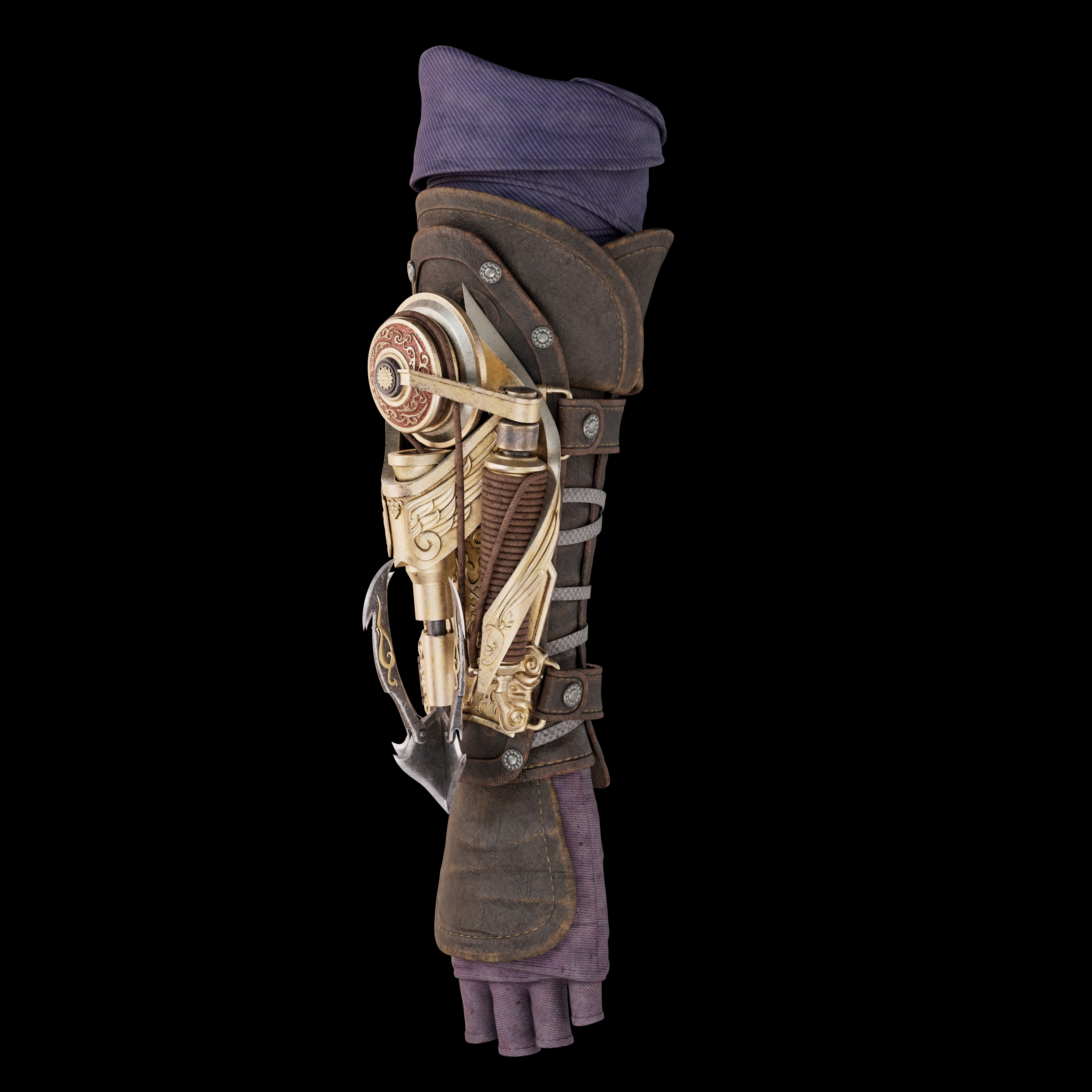 袖箭侧面展示，红色珐琅转盘与黄铜翼形护盖细节