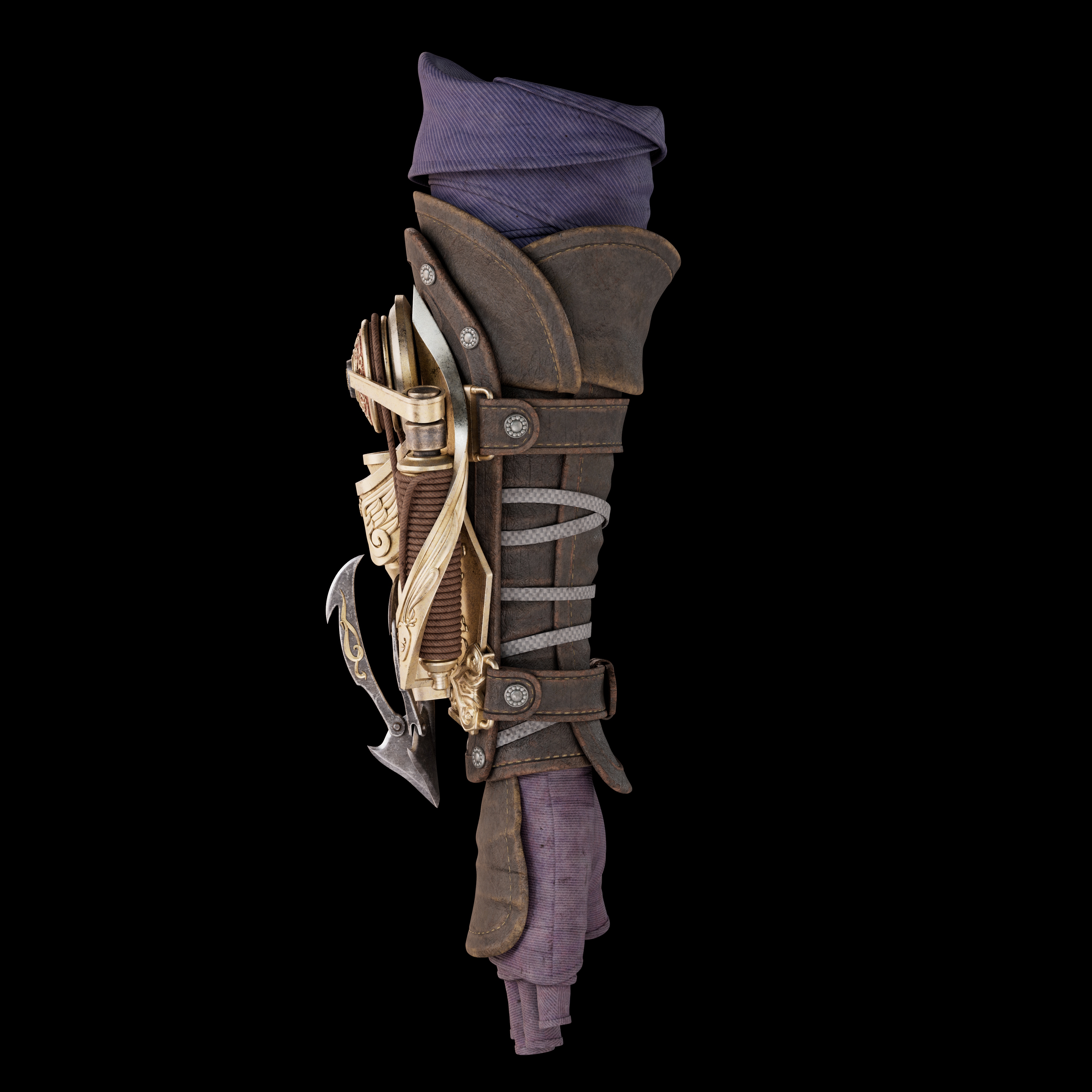 袖箭背面展示,皮革绑带交叉编织与金属扣件