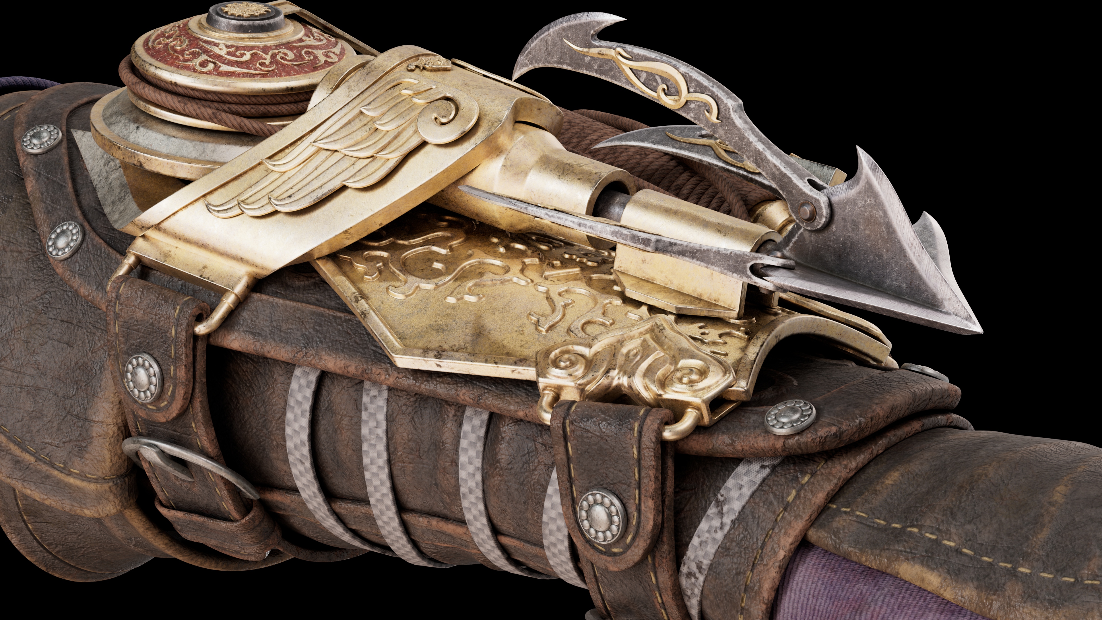 袖箭底部特写，皮革磨损质感与金属铆钉固定结构