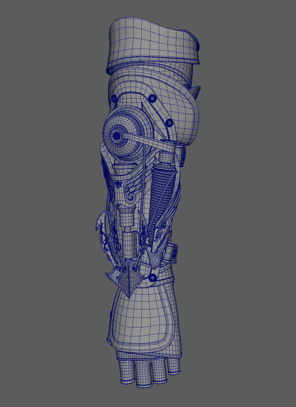 袖箭蓝色线框布线展示,灰色背景下的拓扑结构分析