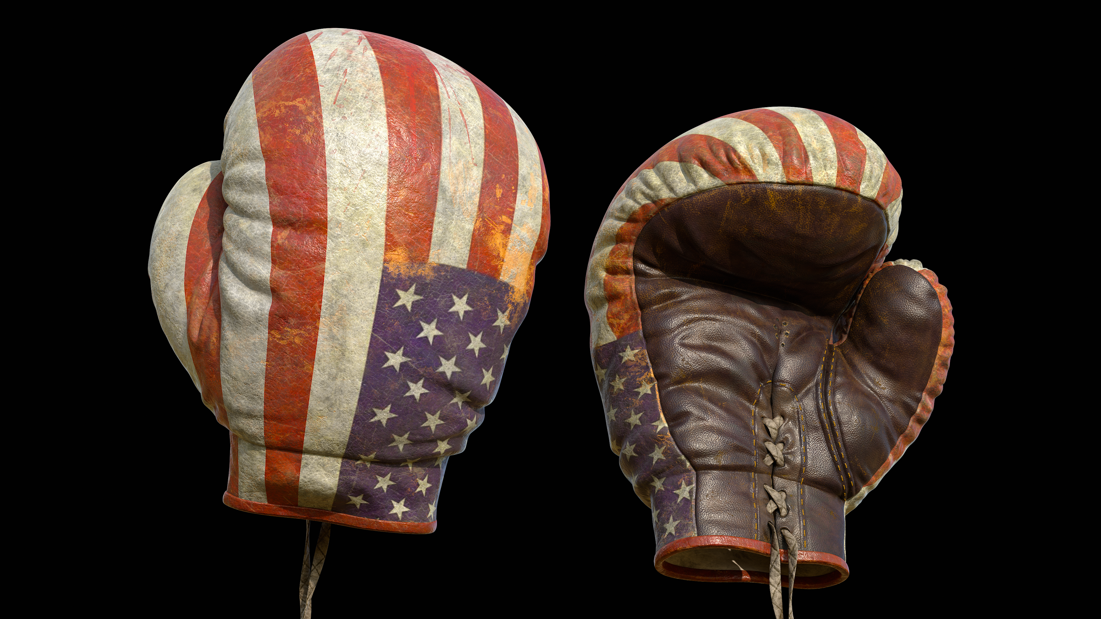 复古拳击手套成品渲染，美国国旗红白蓝星条配色，做旧皮革质感
