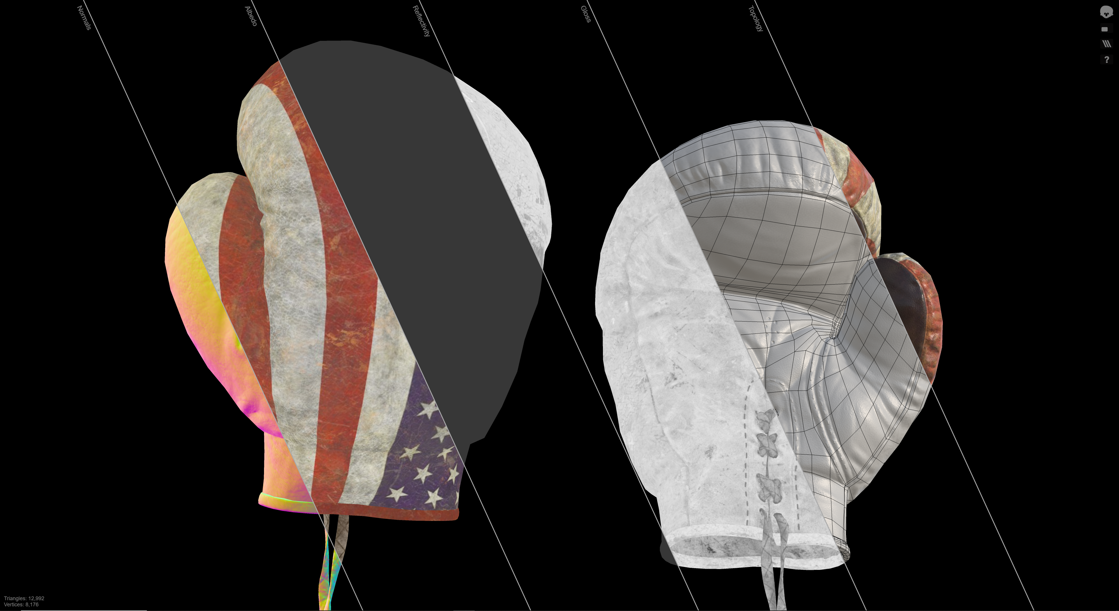 拳击手套贴图通道对比展示，法线贴图、AO与线框叠加