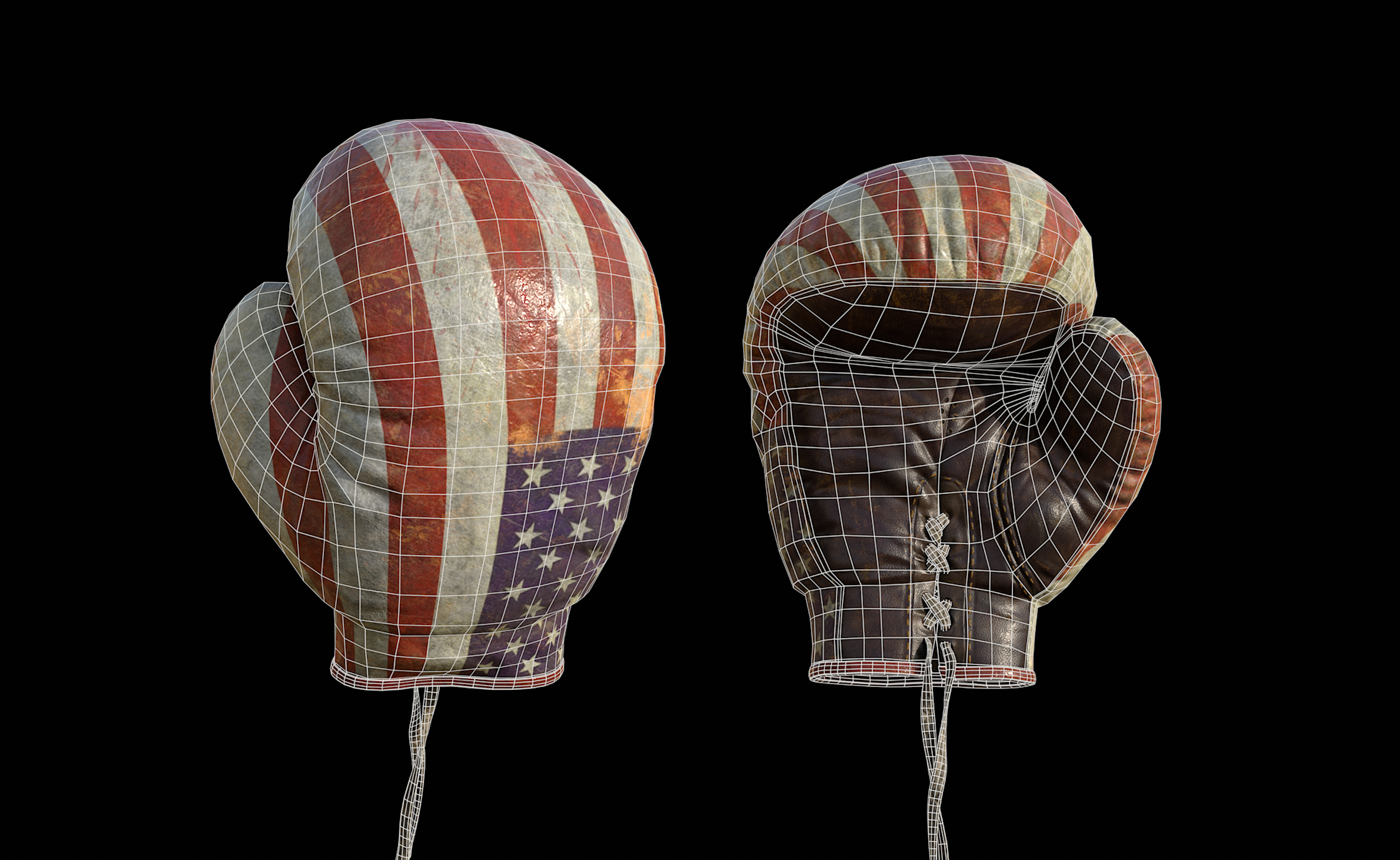 拳击手套线框叠加渲染，展示低模拓扑布线与贴图配合