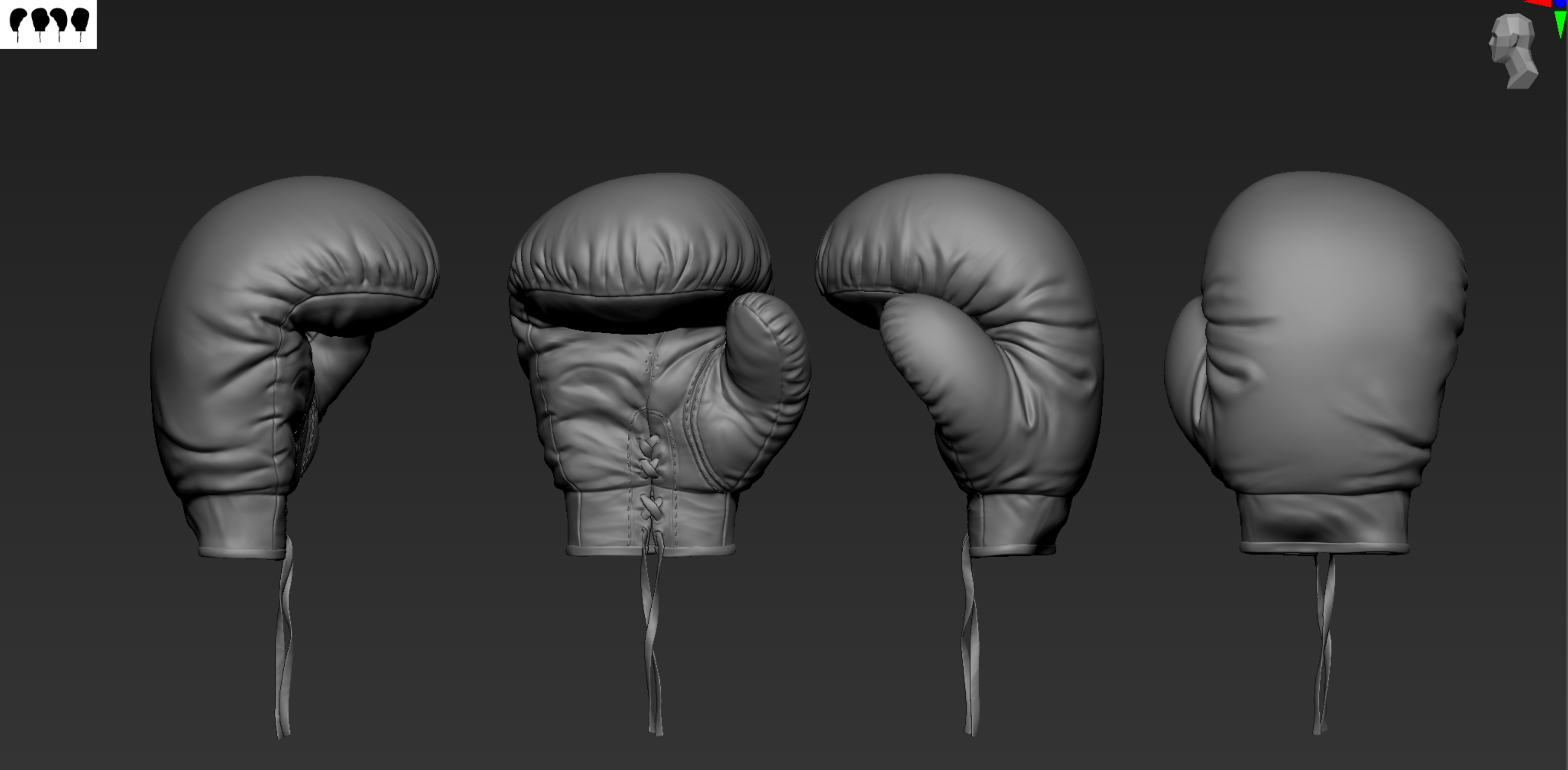 拳击手套ZBrush高模雕刻，四视图展示皮革褶皱与缝线细节