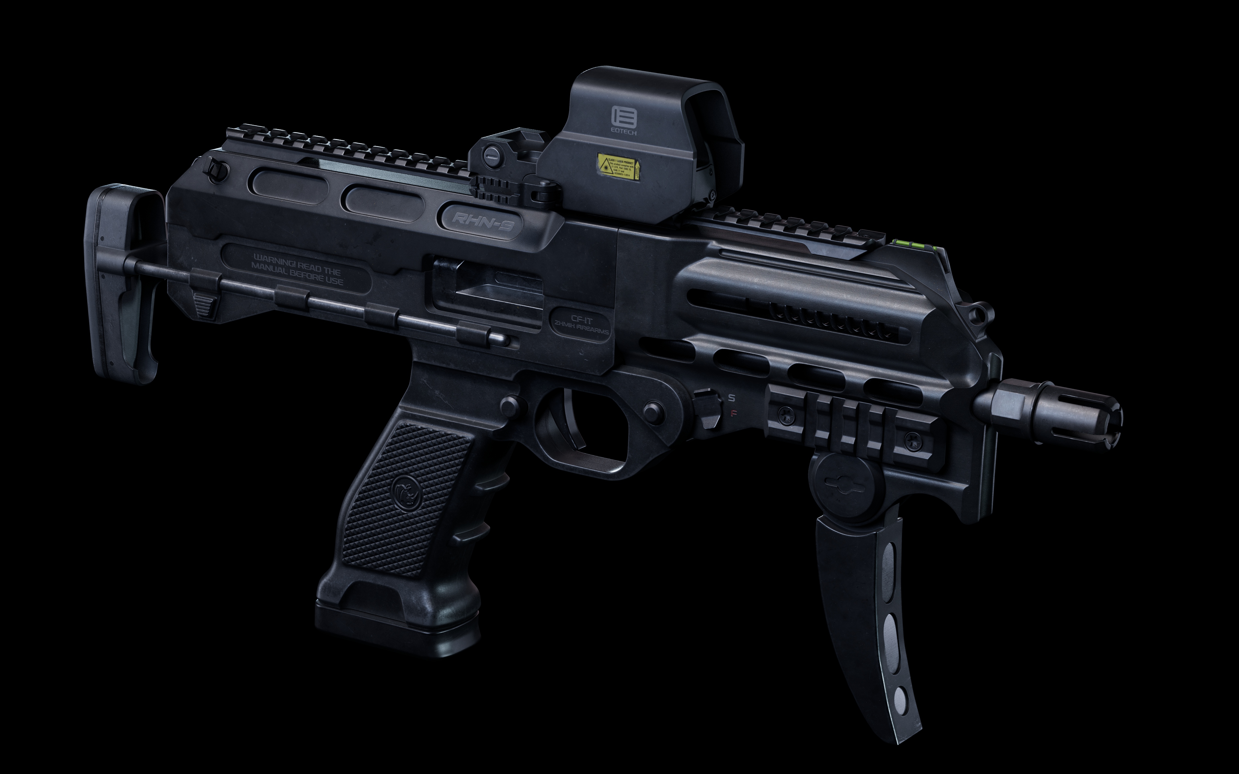 冲锋枪三分之四侧视图，黑色背景，展示折叠枪托与前握把