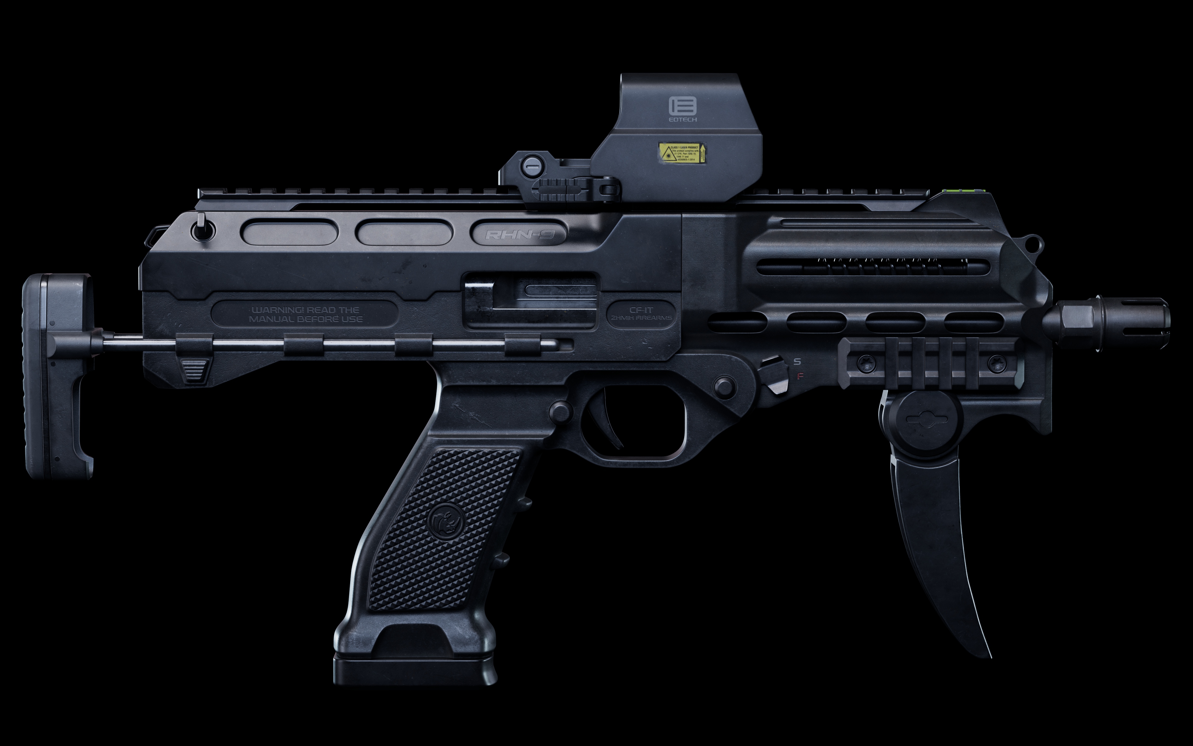 冲锋枪标准左侧视图,全息瞄准镜与弧形弹匣细节