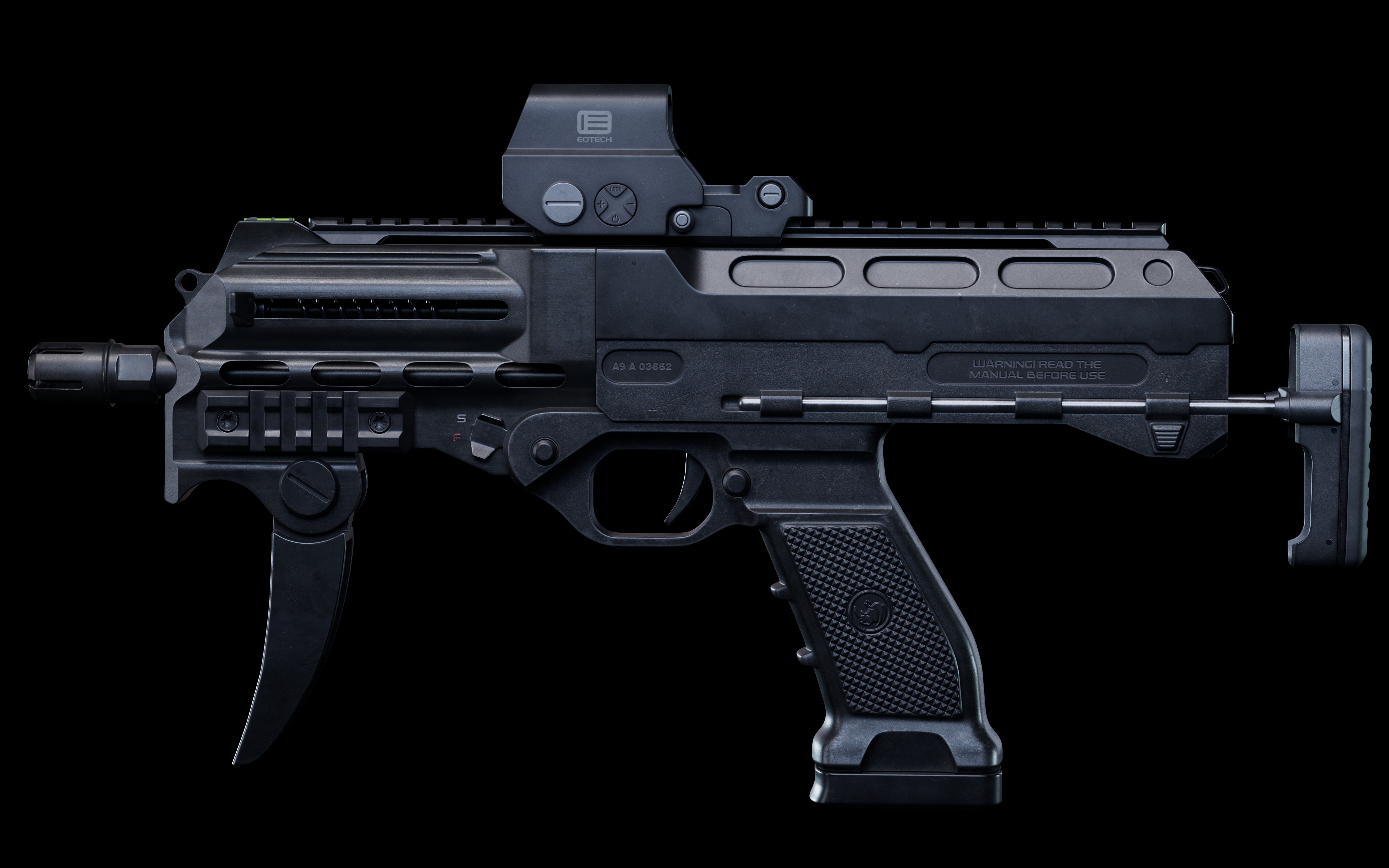 冲锋枪右侧视图翻转,展示拉机柄与快慢机标识