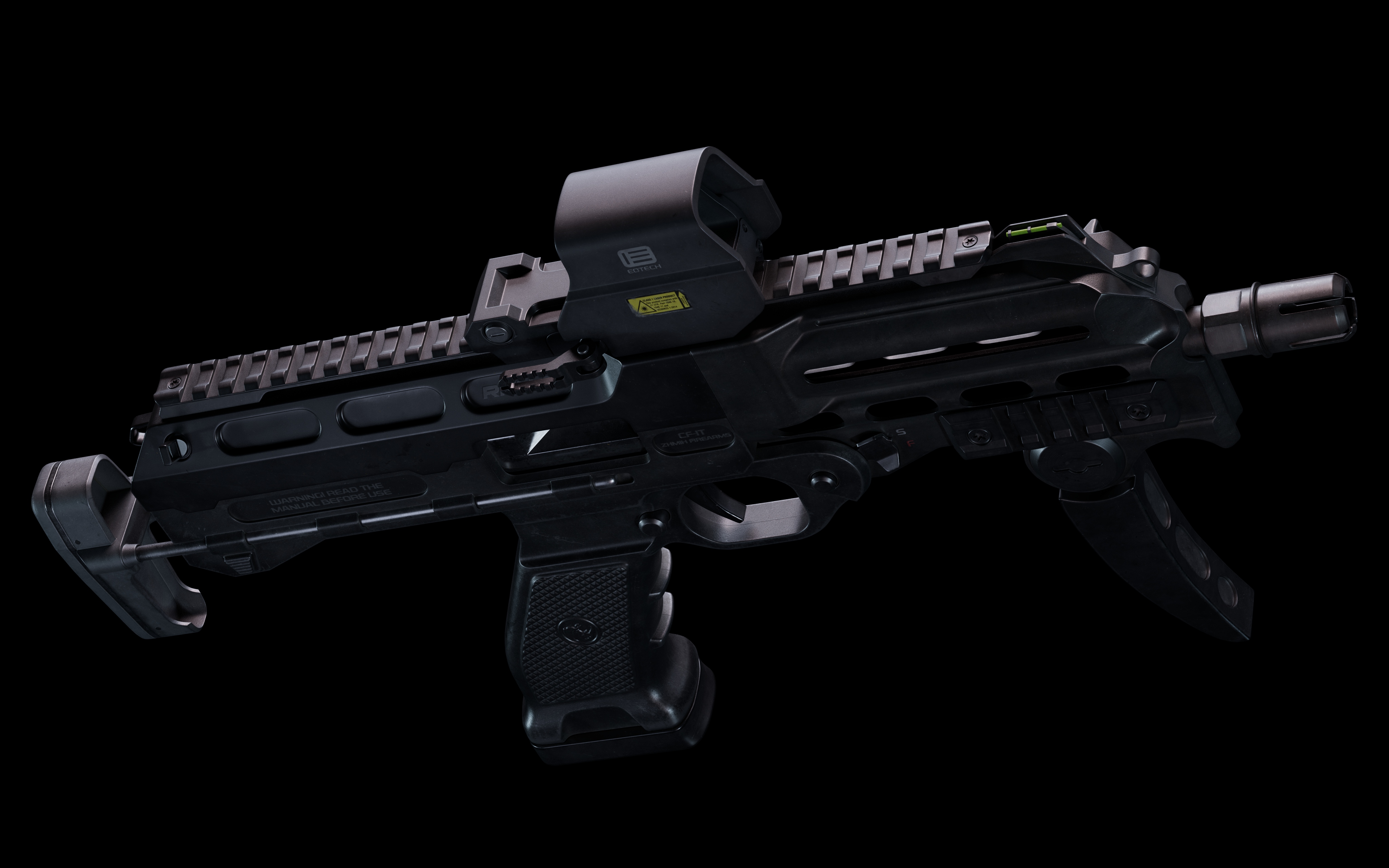 冲锋枪俯视角度,展示顶部皮卡汀尼导轨与EOTech瞄准镜安装