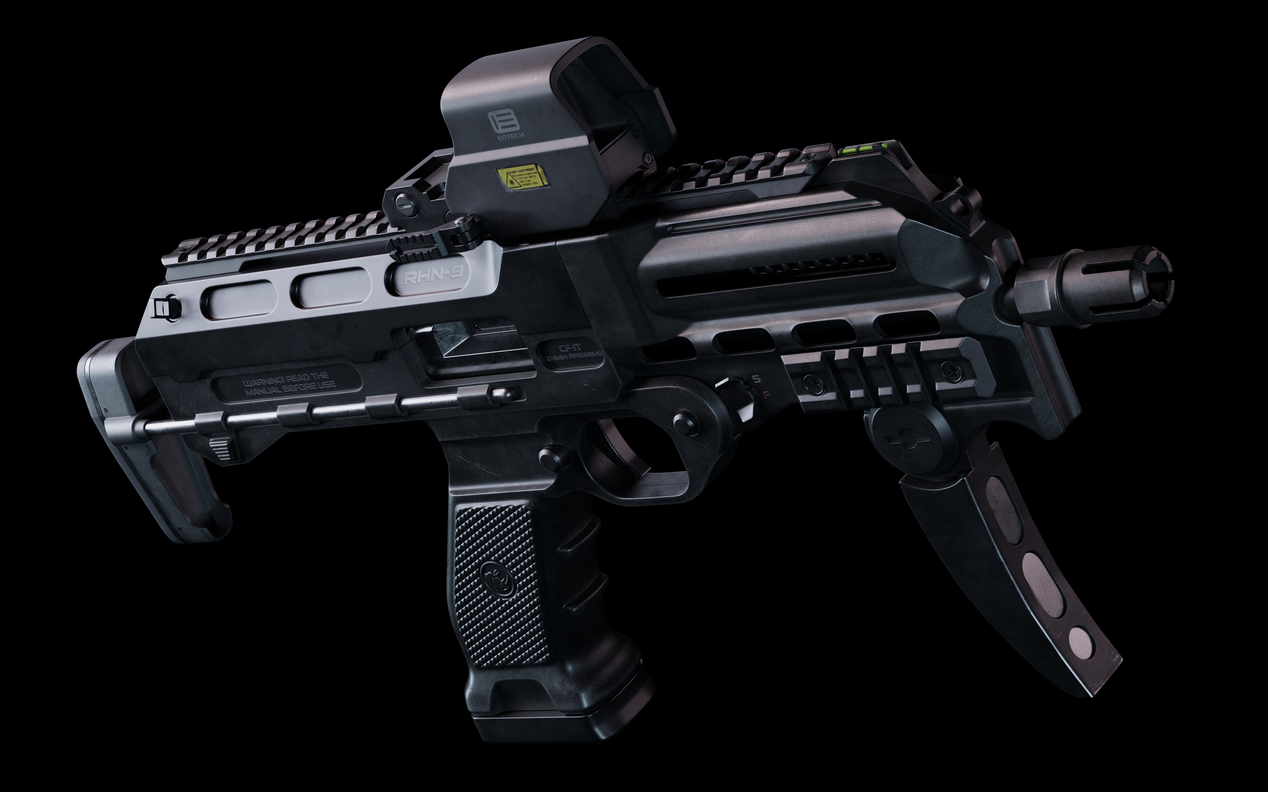 冲锋枪前方仰视角写实渲染，金属磨损质感与光影反射