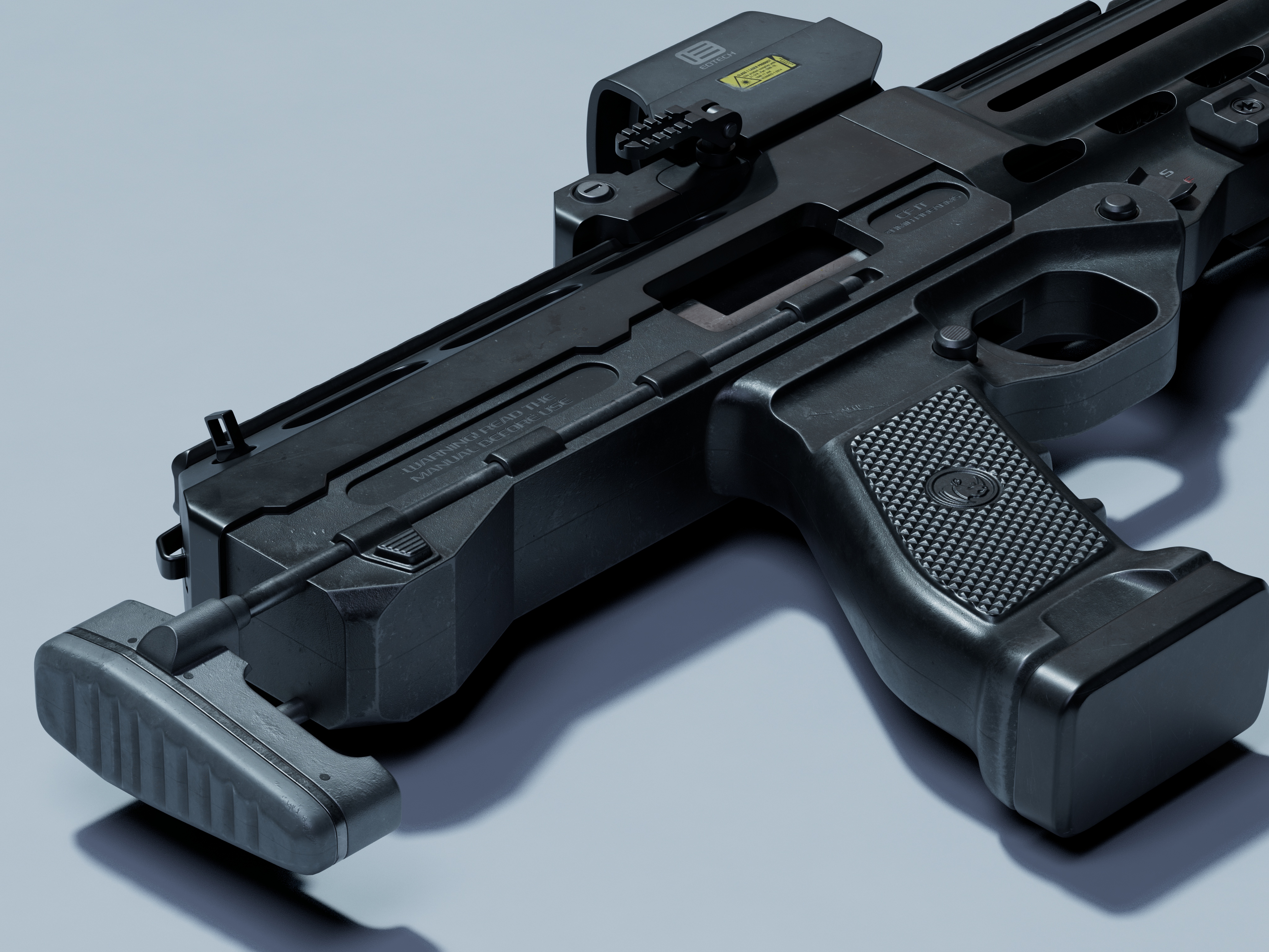 战术冲锋枪写实渲染，带EOTech全息瞄准镜，侧面光影细节展示