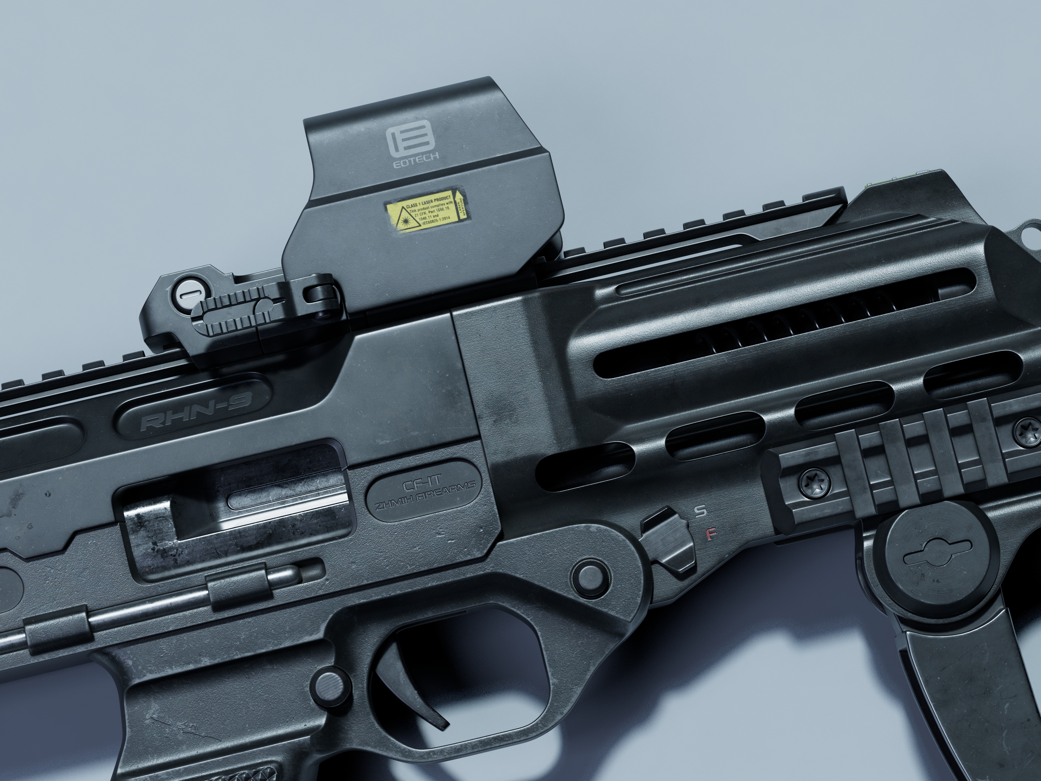 冲锋枪机匣与瞄准镜安装座特写,浅灰背景下的材质细节